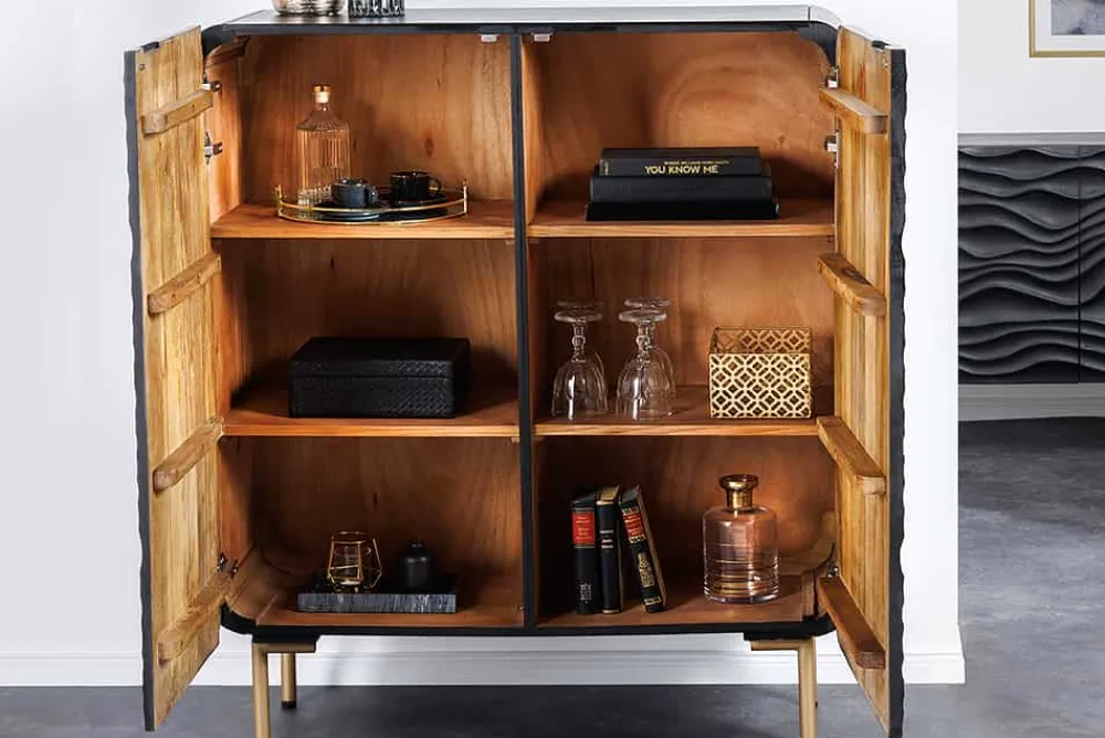 Riess-Ambiente Goldene Möbel|Highboards > Design Highboard WAVE 120cm schwarz Mangoholz mit 3D Schnitzereien mattgold Metallbeine
