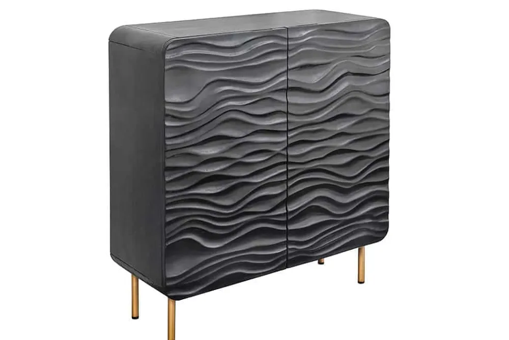Riess-Ambiente Goldene Möbel|Highboards > Design Highboard WAVE 120cm schwarz Mangoholz mit 3D Schnitzereien mattgold Metallbeine