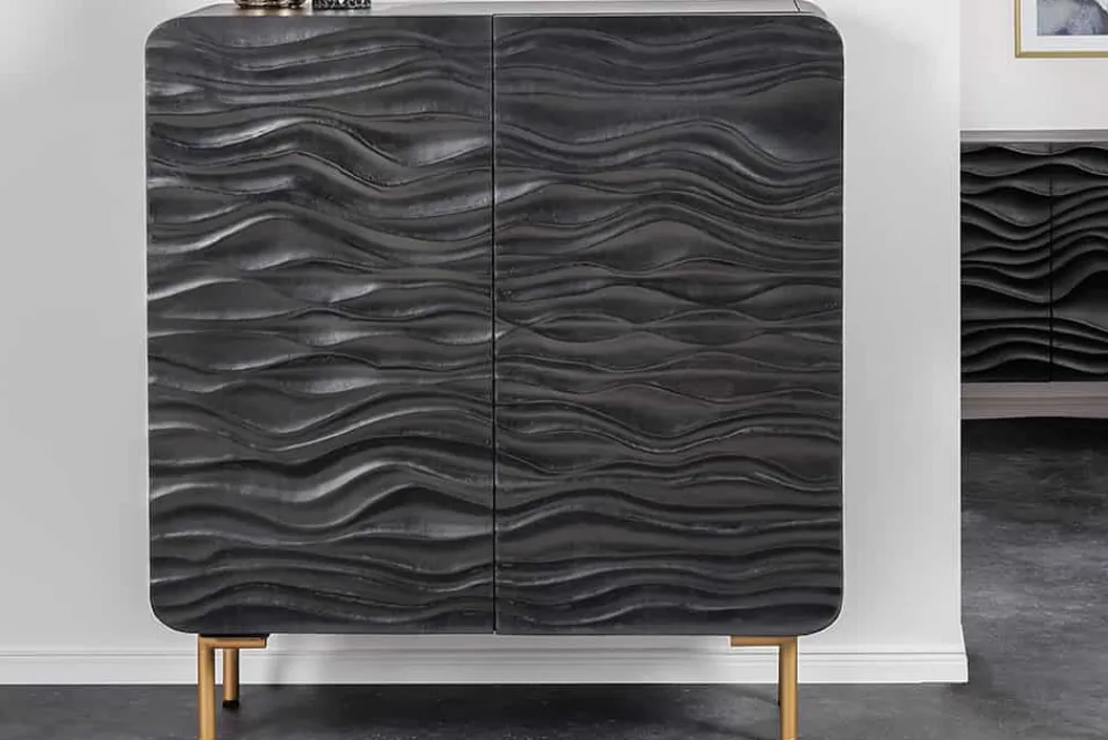 Riess-Ambiente Goldene Möbel|Highboards > Design Highboard WAVE 120cm schwarz Mangoholz mit 3D Schnitzereien mattgold Metallbeine