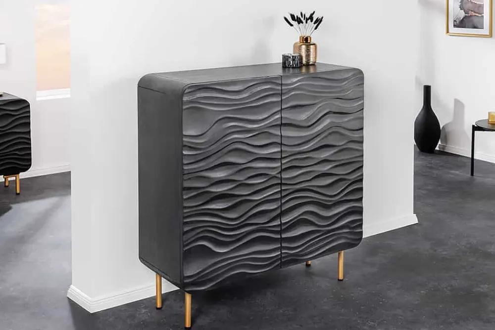 Riess-Ambiente Goldene Möbel|Highboards > Design Highboard WAVE 120cm schwarz Mangoholz mit 3D Schnitzereien mattgold Metallbeine