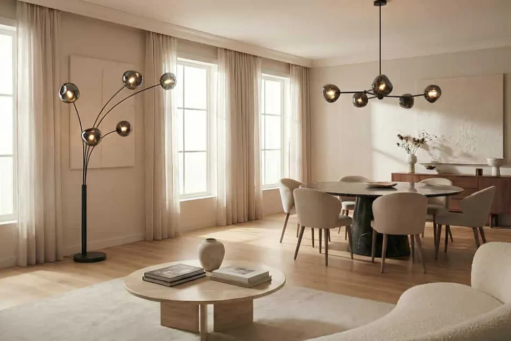 Riess-Ambiente Hängelampen > Design Hängelampe LIQUID DIAMOND 100cm smoke schwarz Glas fünf Schirme Kugelleuchte