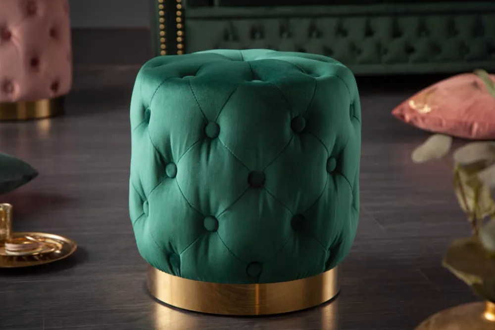 Riess-Ambiente Goldene Möbel|Sitzhocker > Design Hocker MODERN BAROCK 40cm dunkelgrün gold Samt Chesterfield