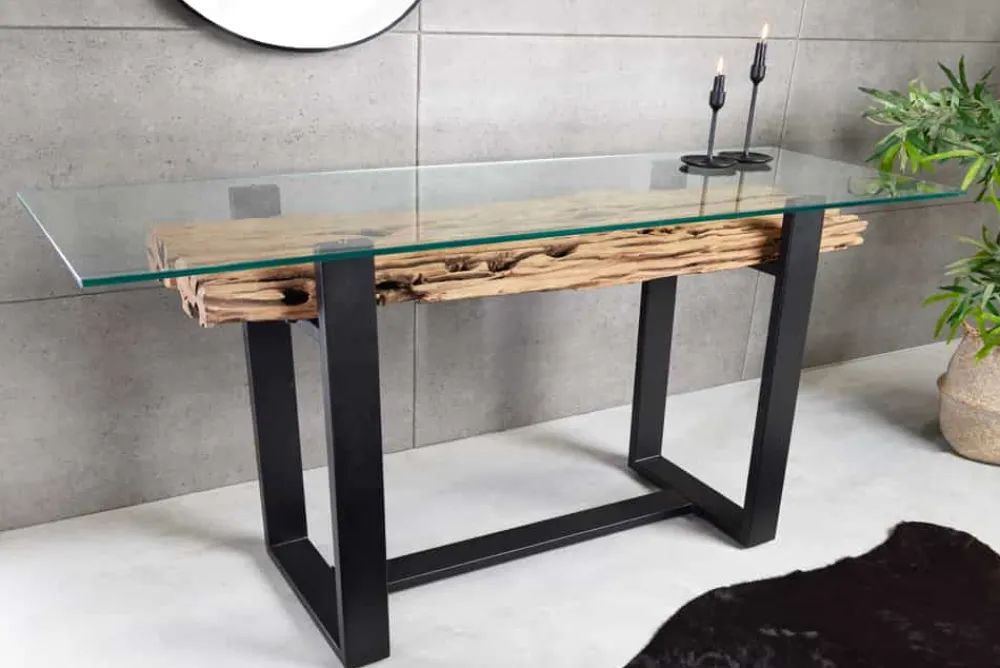 Riess-Ambiente Mehr...|Konsolentische > Design Konsolentisch BARRACUDA 150cm recyceltes Teakholz Glas Industrial