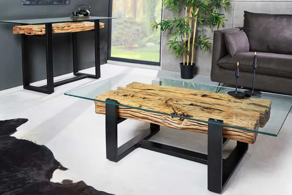 Riess-Ambiente Mehr...|Konsolentische > Design Konsolentisch BARRACUDA 150cm recyceltes Teakholz Glas Industrial