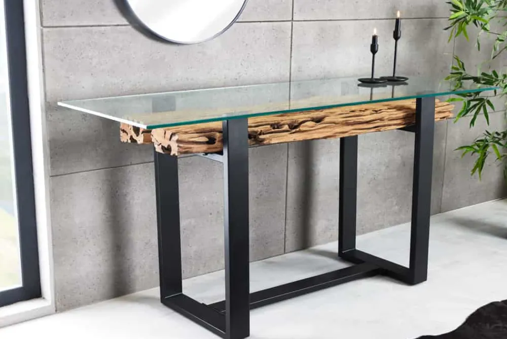 Riess-Ambiente Mehr...|Konsolentische > Design Konsolentisch BARRACUDA 150cm recyceltes Teakholz Glas Industrial