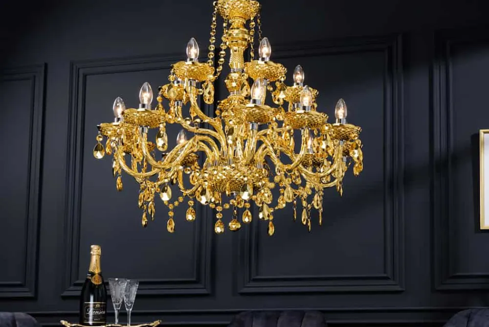 Riess-Ambiente Goldene Möbel|Hängelampen > Design Kronleuchter CRYSTAL XL 80cm gold 15-armig Lüster Kristall-Lampe