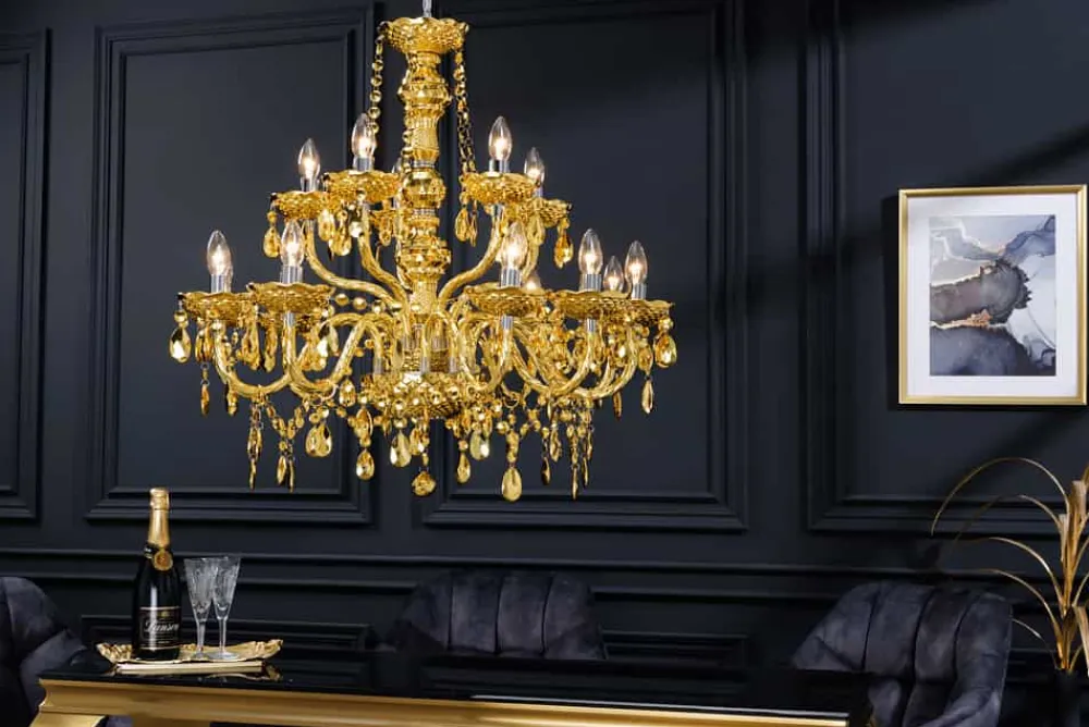 Riess-Ambiente Goldene Möbel|Hängelampen > Design Kronleuchter CRYSTAL XL 80cm gold 15-armig Lüster Kristall-Lampe