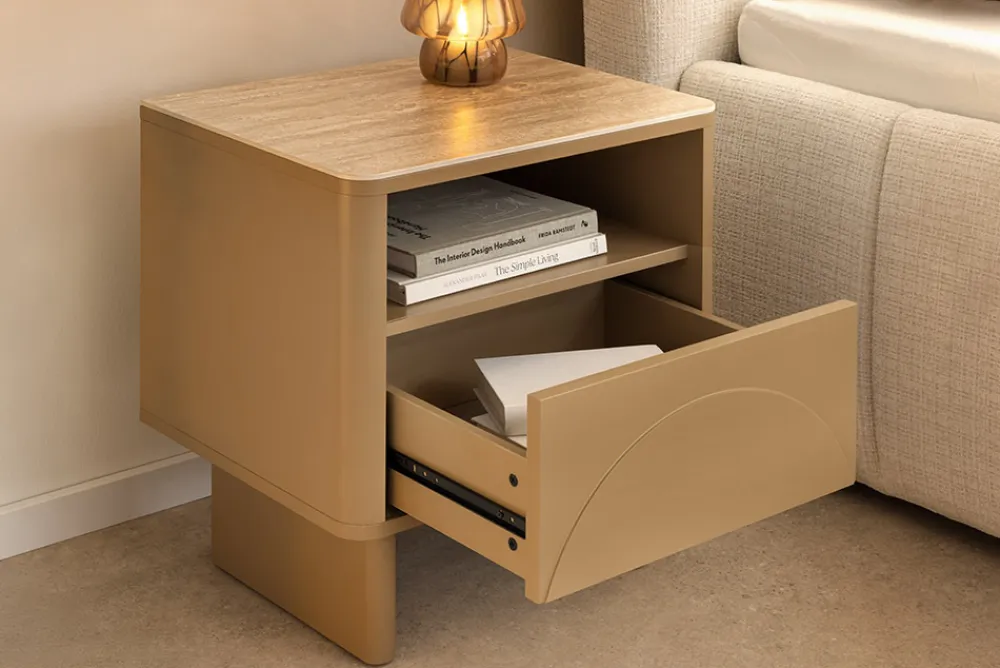 Riess-Ambiente Beistelltische|Retro Möbel > Design Nachttisch SAVOY 50cm grau beige greige Keramik Travertin Beistelltisch