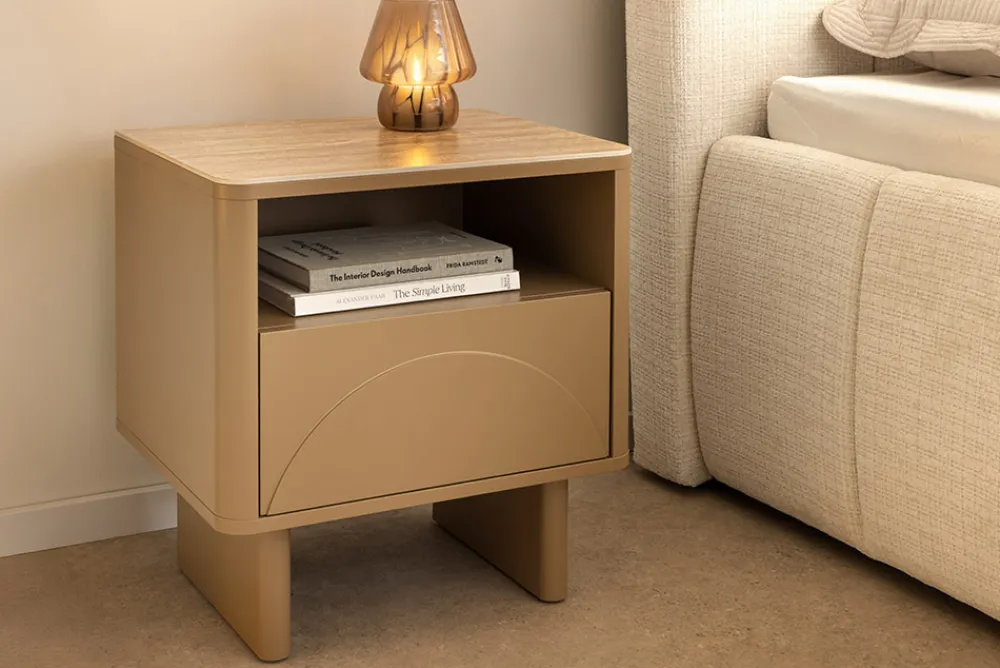 Riess-Ambiente Beistelltische|Retro Möbel > Design Nachttisch SAVOY 50cm grau beige greige Keramik Travertin Beistelltisch