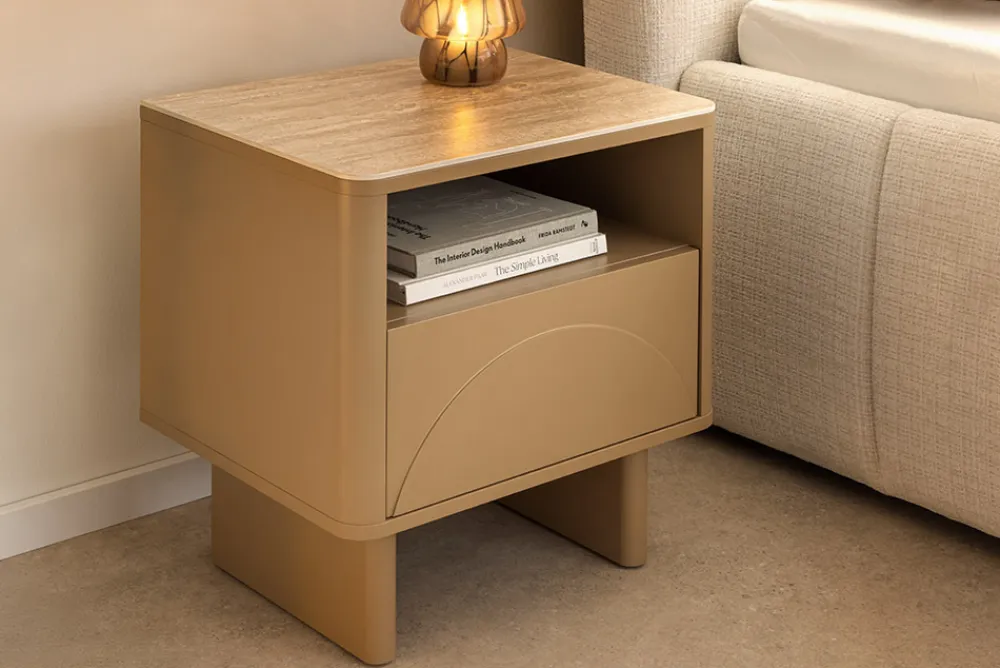 Riess-Ambiente Beistelltische|Retro Möbel > Design Nachttisch SAVOY 50cm grau beige greige Keramik Travertin Beistelltisch
