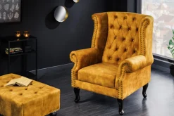 Riess-Ambiente Sessel|Samt Möbel > Design Ohrensessel CHESTERFIELD 85cm senfgelb Samt Knopfheftung