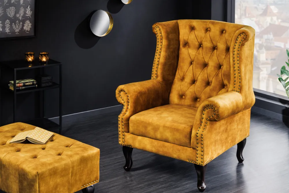 Riess-Ambiente Sessel|Samt Möbel > Design Ohrensessel CHESTERFIELD 85cm senfgelb Samt Knopfheftung
