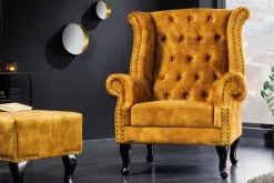 Riess-Ambiente Sessel|Samt Möbel > Design Ohrensessel CHESTERFIELD 85cm senfgelb Samt Knopfheftung