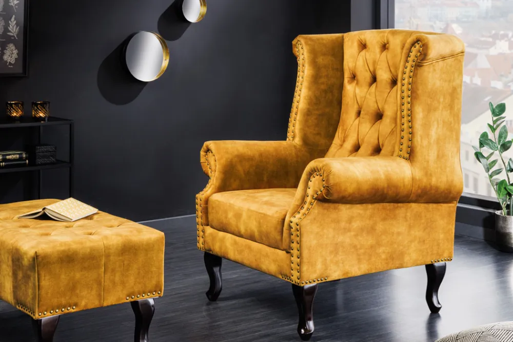 Riess-Ambiente Sessel|Samt Möbel > Design Ohrensessel CHESTERFIELD 85cm senfgelb Samt Knopfheftung