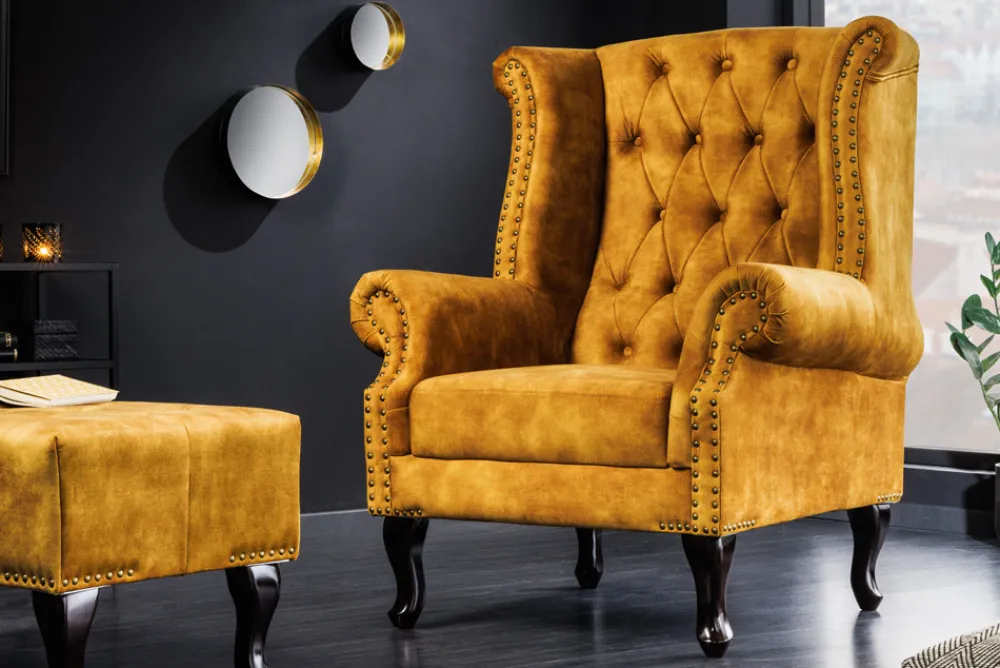 Riess-Ambiente Sessel|Samt Möbel > Design Ohrensessel CHESTERFIELD 85cm senfgelb Samt Knopfheftung
