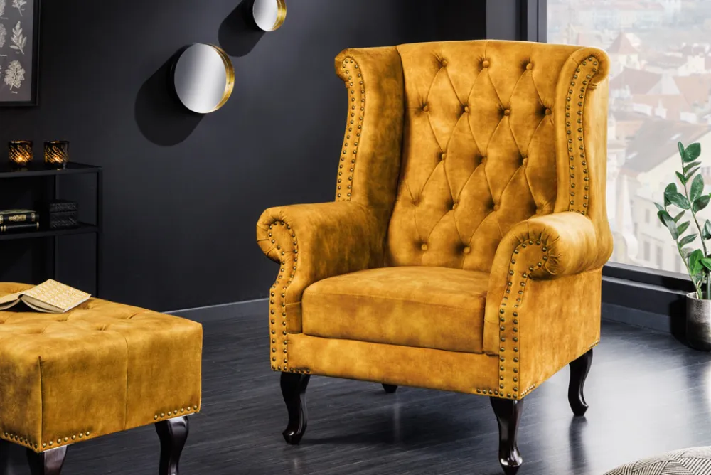 Riess-Ambiente Sessel|Samt Möbel > Design Ohrensessel CHESTERFIELD 85cm senfgelb Samt Knopfheftung