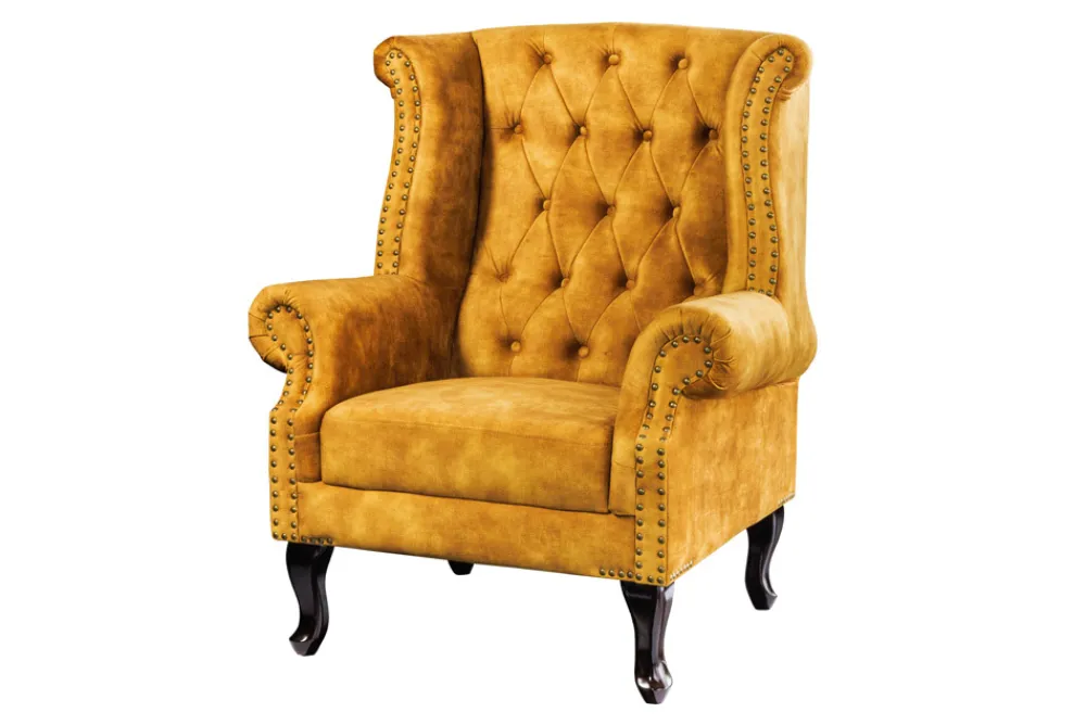 Riess-Ambiente Sessel|Samt Möbel > Design Ohrensessel CHESTERFIELD 85cm senfgelb Samt Knopfheftung