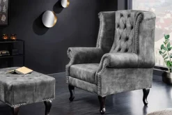 Riess-Ambiente Sessel|Samt Möbel > Design Ohrensessel CHESTERFIELD 105cm grau Samt silber Nieten