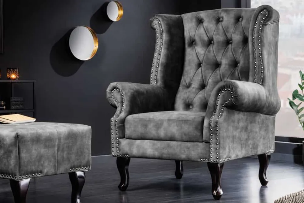 Riess-Ambiente Sessel|Samt Möbel > Design Ohrensessel CHESTERFIELD 105cm grau Samt silber Nieten
