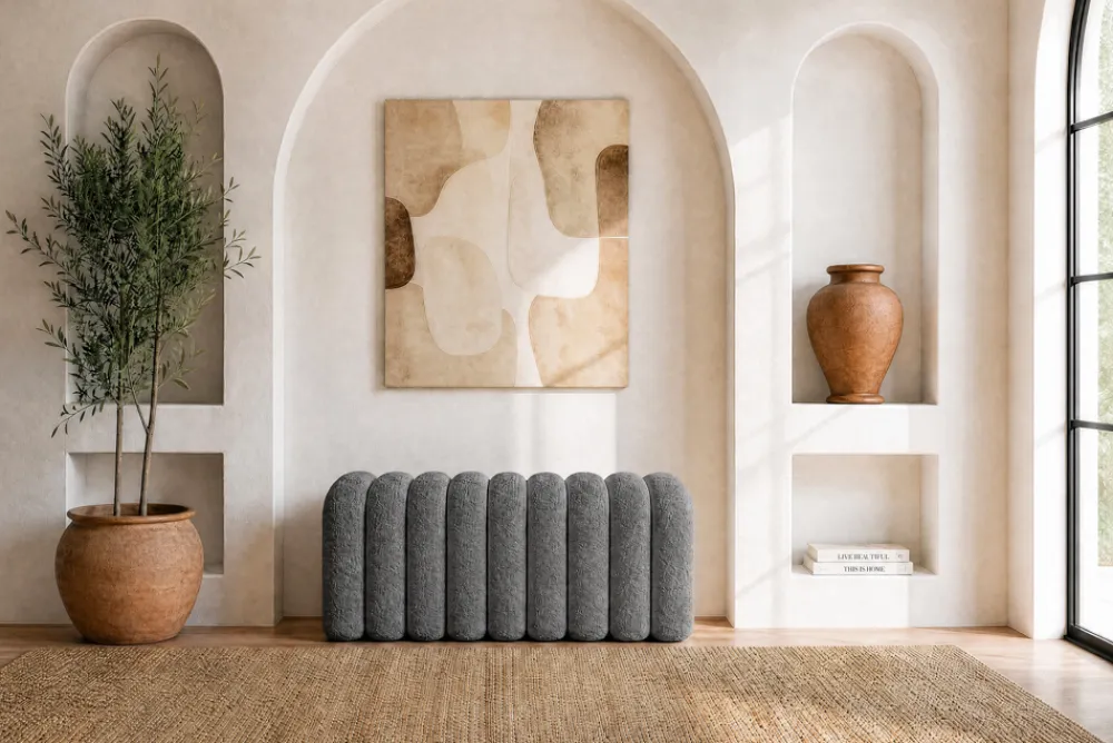 Riess-Ambiente Skandinavisch|Sitzbänke > Design Polsterbank VOGUE 95cm grau Bouclé Bettbank