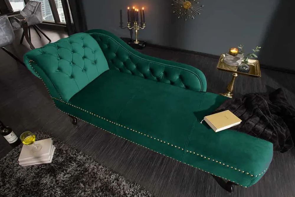 Riess-Ambiente Liegen|Samt Möbel > Design Récamière CHESTERFIELD 170cm smaragdgrün Samt Knopfheftung Nietenbesatz