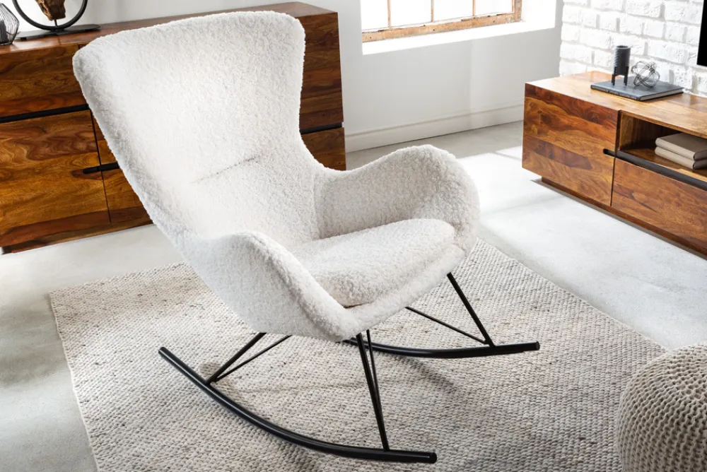 Riess-Ambiente Skandinavisch|Sessel > Design Schaukelstuhl SCANDINAVIA SWING weiß Bouclé Sessel schwarz Metall