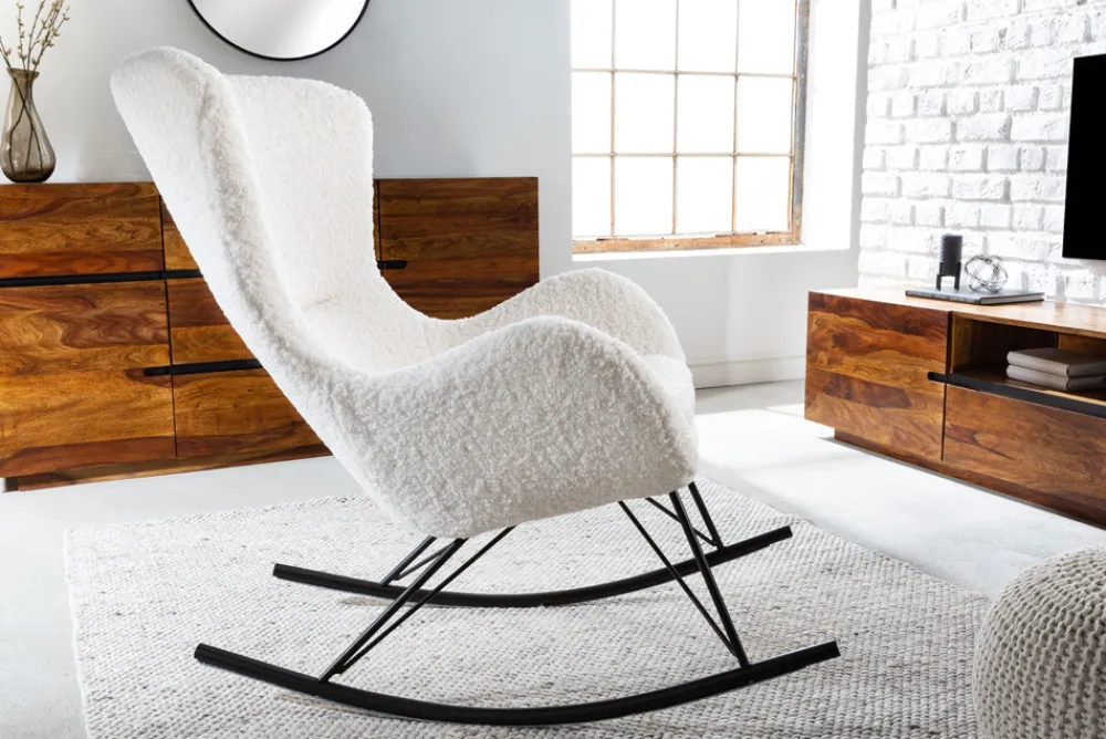 Riess-Ambiente Skandinavisch|Sessel > Design Schaukelstuhl SCANDINAVIA SWING weiß Bouclé Sessel schwarz Metall
