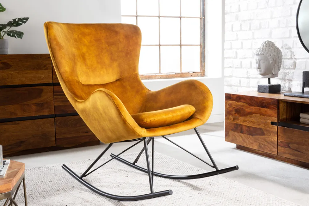 Riess-Ambiente Skandinavisch|Sessel > Design Schaukelstuhl SCANDINAVIA SWING senfgelb Samt Sessel