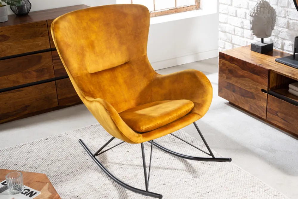 Riess-Ambiente Skandinavisch|Sessel > Design Schaukelstuhl SCANDINAVIA SWING senfgelb Samt Sessel