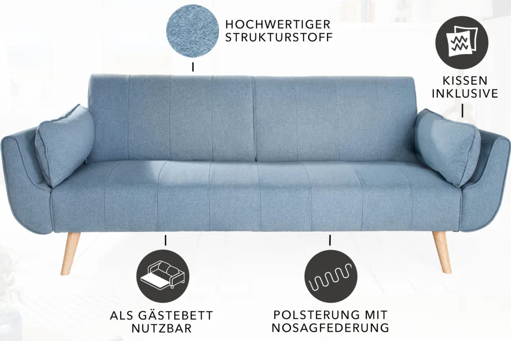 Riess-Ambiente Skandinavisch|Retro Möbel > Design Schlafsofa DIVANI 220cm hellblau Strukturstoff Scandinavian 3-Sitzer mit Bettfunktion