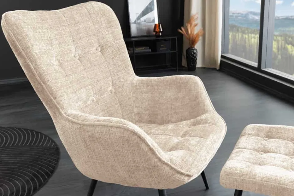Riess-Ambiente Skandinavisch|Loungesessel > Design Sessel SCANDINAVIA champagner Chenille Cremona schwarz Metall mit Armlehne