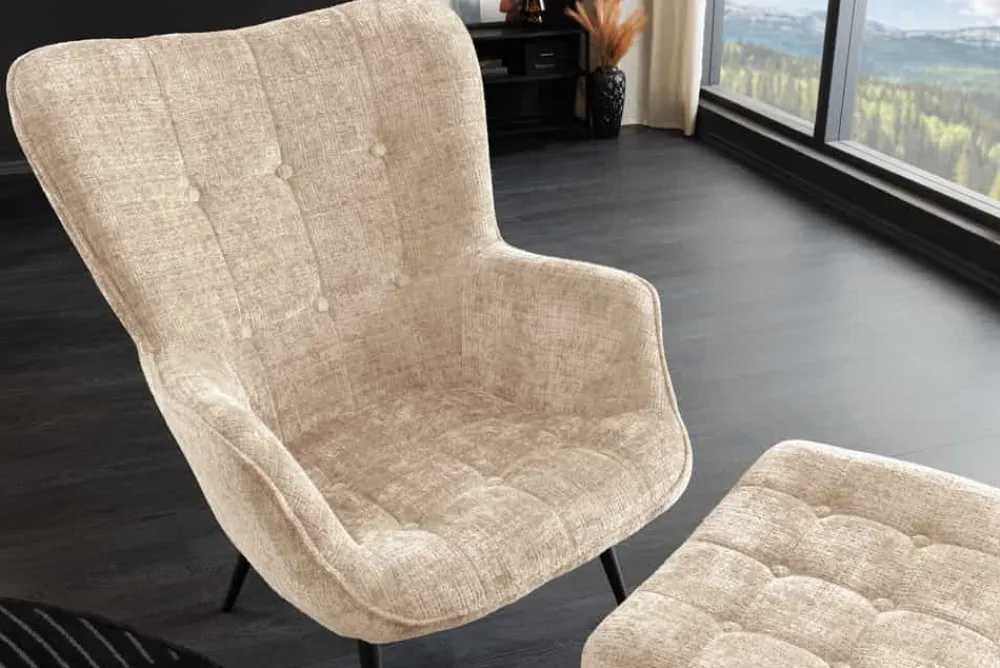 Riess-Ambiente Skandinavisch|Loungesessel > Design Sessel SCANDINAVIA champagner Chenille Cremona schwarz Metall mit Armlehne