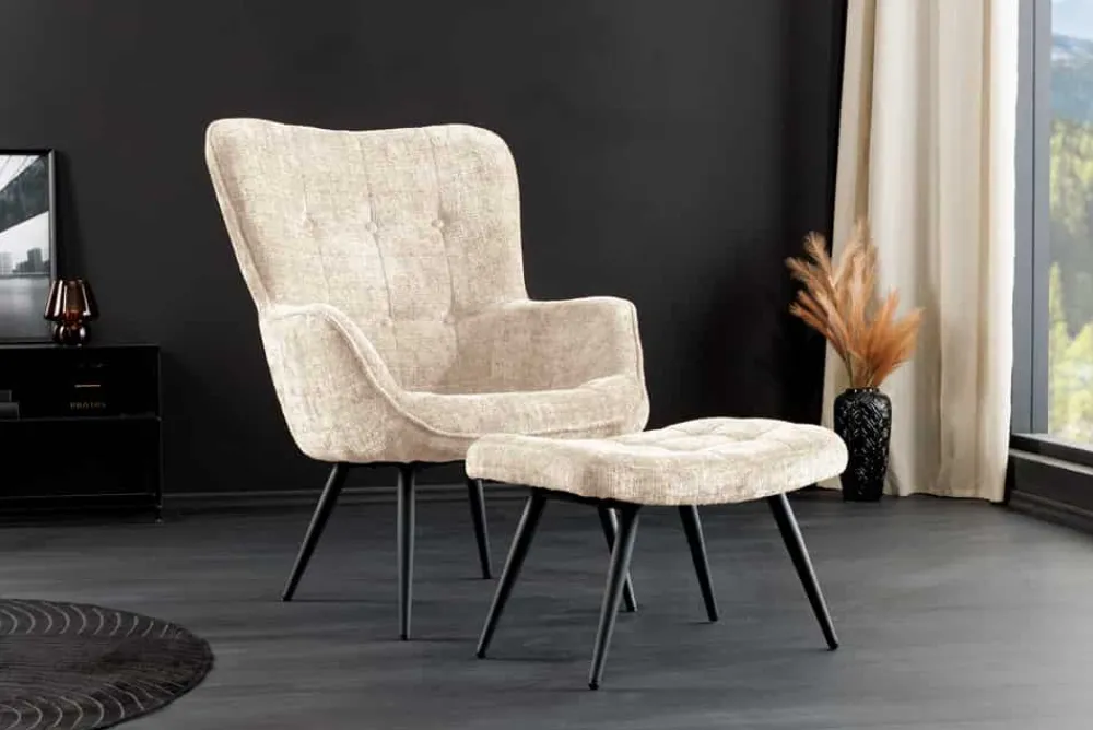 Riess-Ambiente Skandinavisch|Loungesessel > Design Sessel SCANDINAVIA champagner Chenille Cremona schwarz Metall mit Armlehne