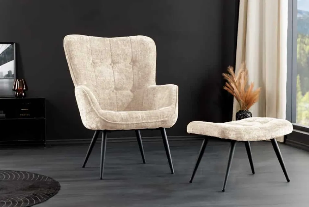 Riess-Ambiente Skandinavisch|Loungesessel > Design Sessel SCANDINAVIA champagner Chenille Cremona schwarz Metall mit Armlehne