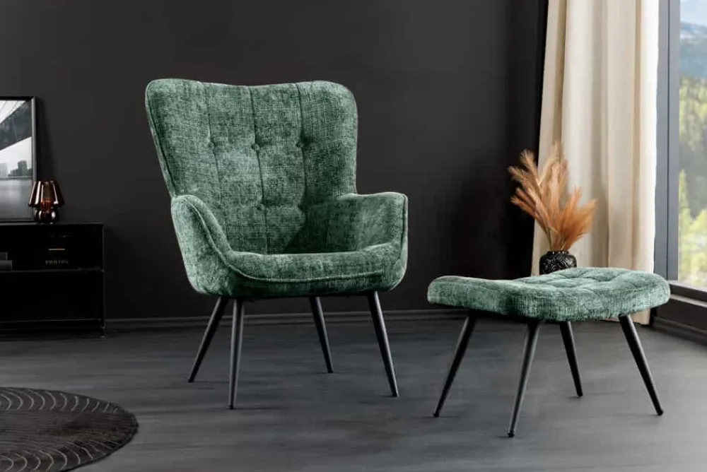 Riess-Ambiente Skandinavisch|Loungesessel > Design Sessel SCANDINAVIA grün Chenille Cremona schwarz Metall mit Armlehne