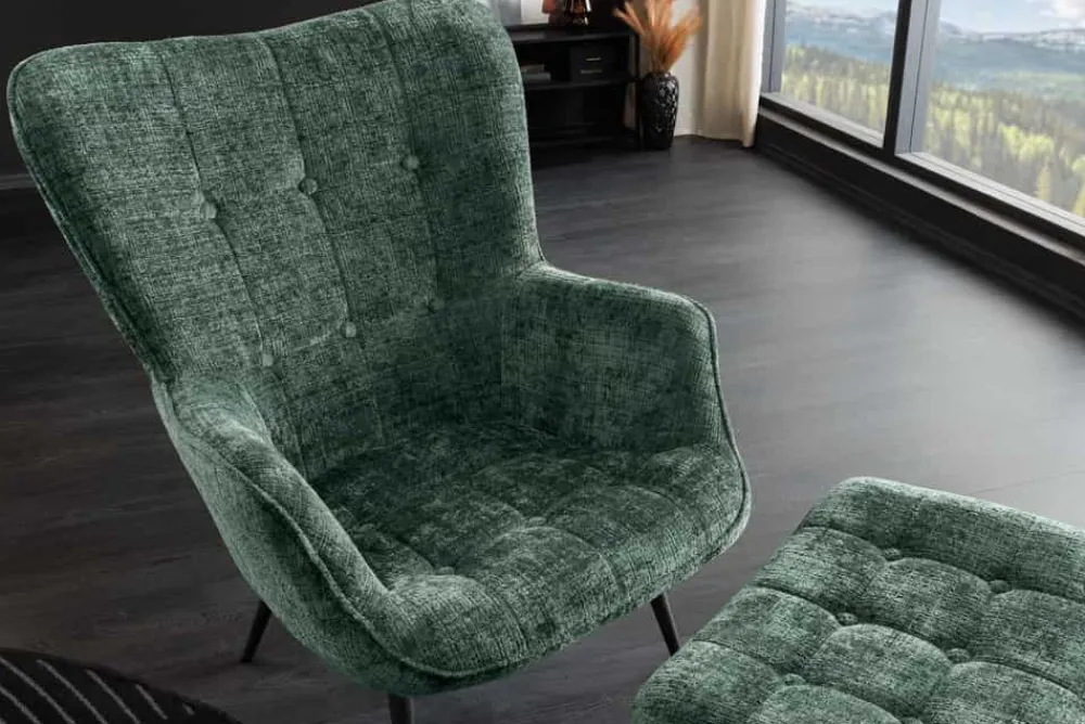 Riess-Ambiente Skandinavisch|Loungesessel > Design Sessel SCANDINAVIA grün Chenille Cremona schwarz Metall mit Armlehne