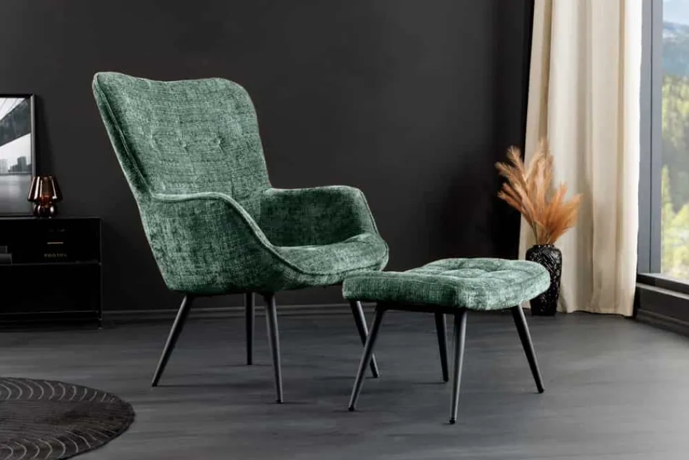 Riess-Ambiente Skandinavisch|Loungesessel > Design Sessel SCANDINAVIA grün Chenille Cremona schwarz Metall mit Armlehne