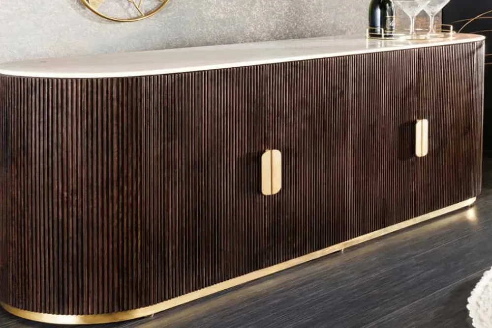 Riess-Ambiente Mehr...|Massivholzschränke > Design Sideboard GATSBY 170cm braun gold Mangoholz weiße Marmorplatte