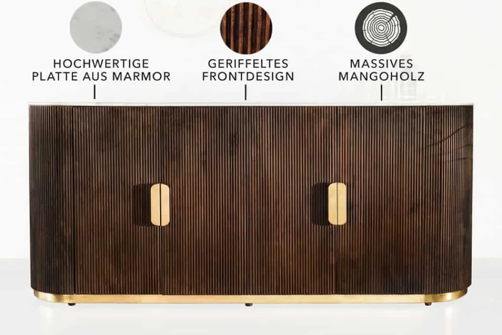 Riess-Ambiente Mehr...|Massivholzschränke > Design Sideboard GATSBY 170cm braun gold Mangoholz weiße Marmorplatte