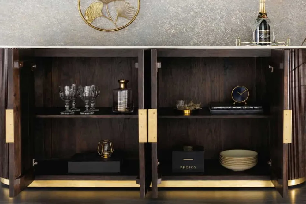 Riess-Ambiente Mehr...|Massivholzschränke > Design Sideboard GATSBY 170cm braun gold Mangoholz weiße Marmorplatte