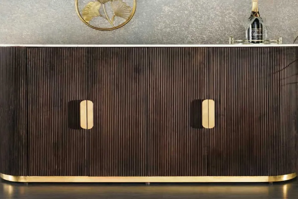 Riess-Ambiente Mehr...|Massivholzschränke > Design Sideboard GATSBY 170cm braun gold Mangoholz weiße Marmorplatte