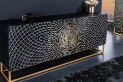 Riess-Ambiente Goldene Möbel|Mehr... > Design Sideboard ILLUSION 180cm schwarz Mangoholz Massivholz mit 3D Schnitzereien gold Eisen Metallgestell