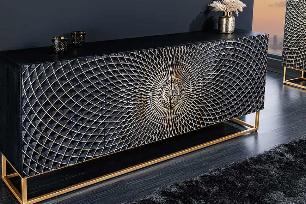 Riess-Ambiente Goldene Möbel|Mehr... > Design Sideboard ILLUSION 180cm schwarz Mangoholz Massivholz mit 3D Schnitzereien gold Eisen Metallgestell