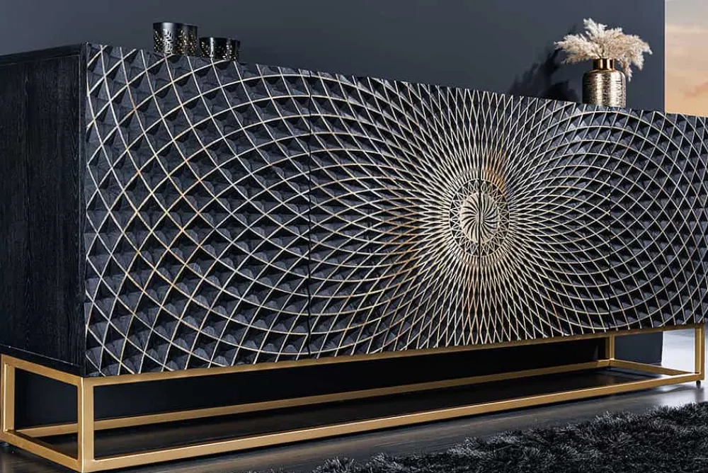 Riess-Ambiente Goldene Möbel|Mehr... > Design Sideboard ILLUSION 180cm schwarz Mangoholz Massivholz mit 3D Schnitzereien gold Eisen Metallgestell