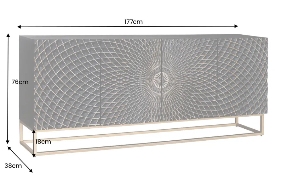 Riess-Ambiente Goldene Möbel|Mehr... > Design Sideboard ILLUSION 180cm schwarz Mangoholz Massivholz mit 3D Schnitzereien gold Eisen Metallgestell