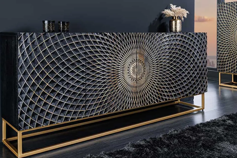 Riess-Ambiente Goldene Möbel|Mehr... > Design Sideboard ILLUSION 180cm schwarz Mangoholz Massivholz mit 3D Schnitzereien gold Eisen Metallgestell