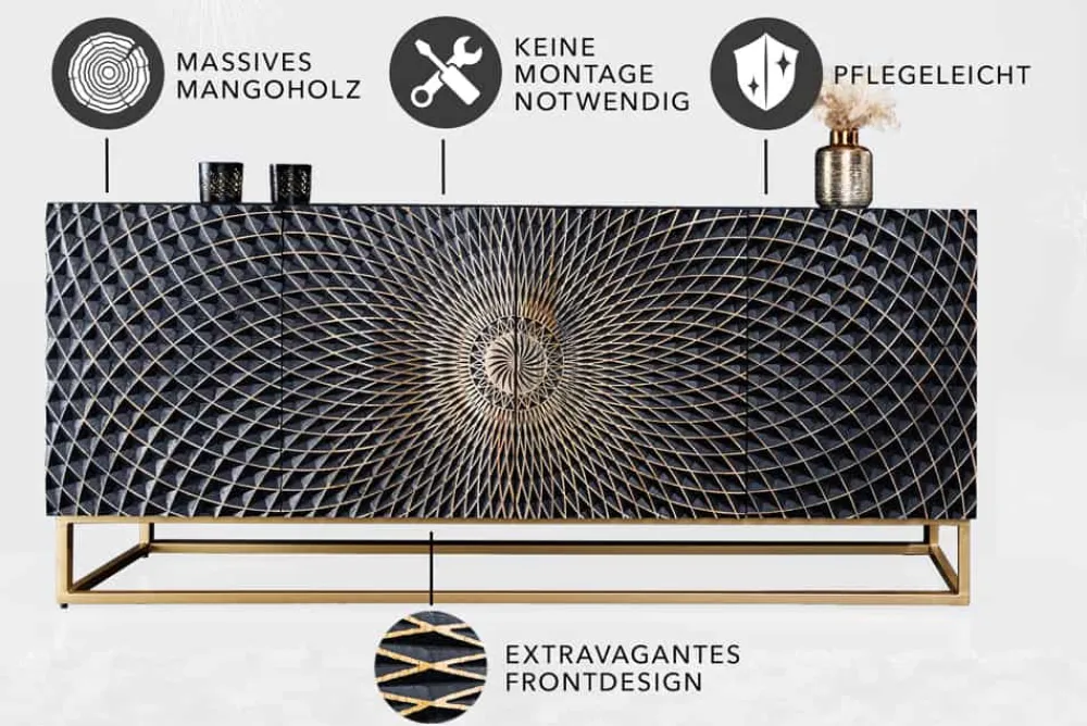 Riess-Ambiente Goldene Möbel|Mehr... > Design Sideboard ILLUSION 180cm schwarz Mangoholz Massivholz mit 3D Schnitzereien gold Eisen Metallgestell