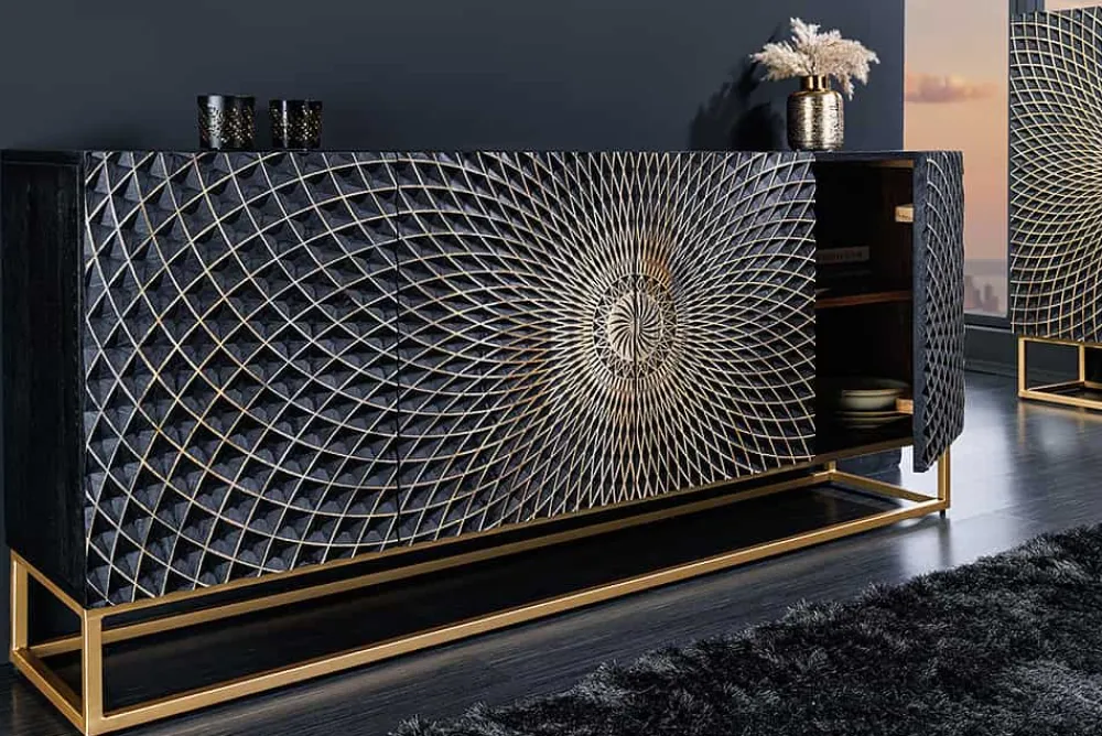 Riess-Ambiente Goldene Möbel|Mehr... > Design Sideboard ILLUSION 180cm schwarz Mangoholz Massivholz mit 3D Schnitzereien gold Eisen Metallgestell