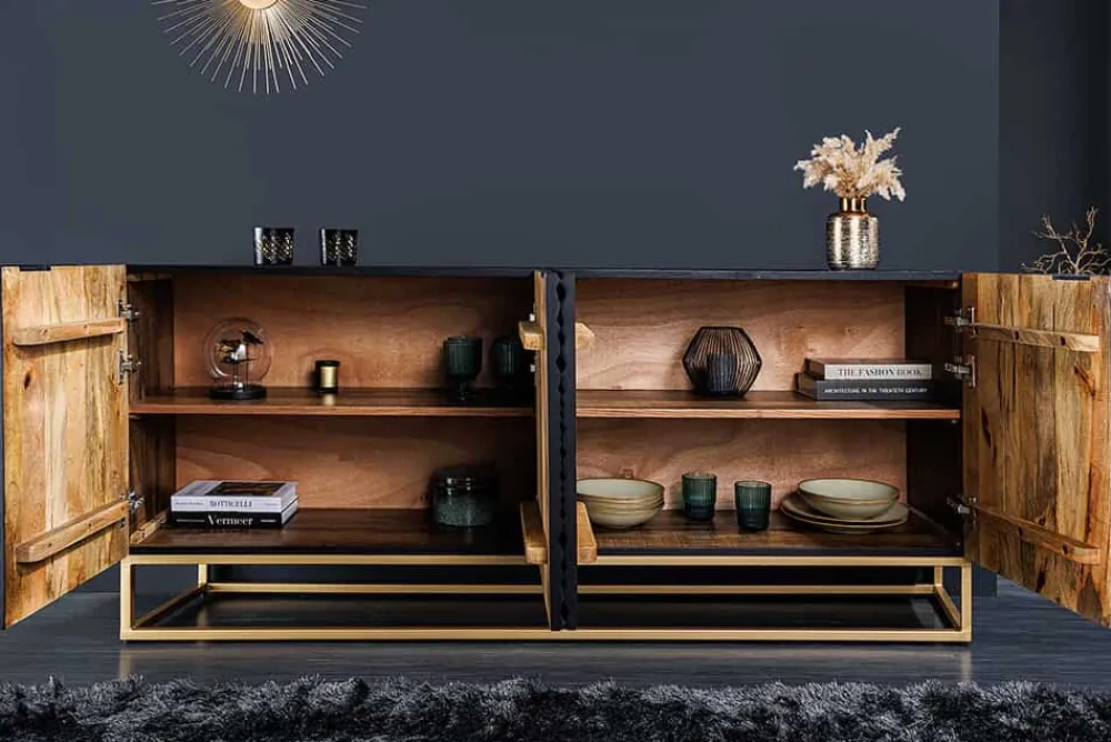 Riess-Ambiente Goldene Möbel|Mehr... > Design Sideboard ILLUSION 180cm schwarz Mangoholz Massivholz mit 3D Schnitzereien gold Eisen Metallgestell