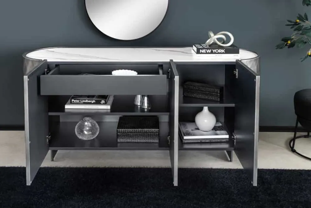 Riess-Ambiente Retro Möbel|Sideboards & Kommoden > Design Sideboard REFLECTION 150cm weiß Keramik Marmor anthrazit 3D Effekt brushed Finish